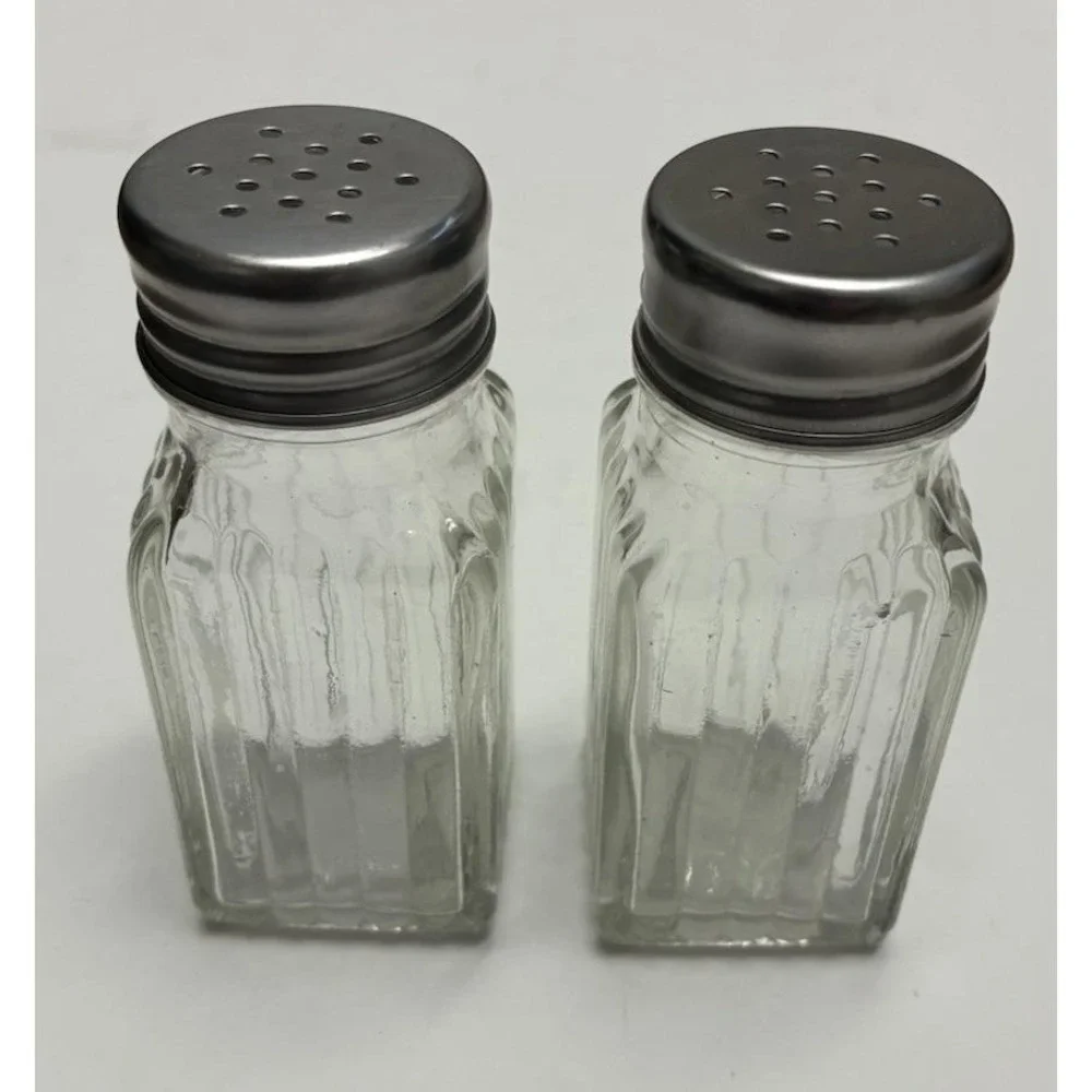 Vintage Ribbed Square Salt & Pepper Shakers Clear Chrome Clear Glass‎